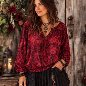 Lucky Brand Blouse Womens 1X Red Black Floral Boho Peasant Goth Cottagecore Folk